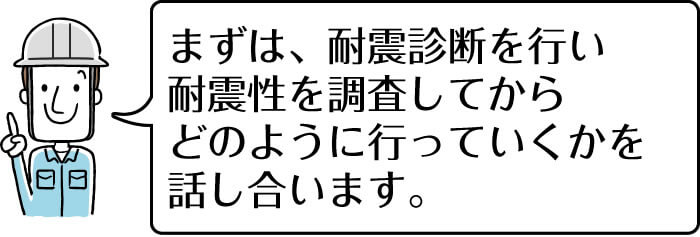 まずは、耐震診断を行い、耐震性を調査してから、どのように行っていくかを話しあいます。